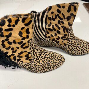 Falchi calf hair animal print wedge bootie with tassels